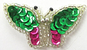 Butterfly wth Green and Fuchsia Sequins 2" x 1"