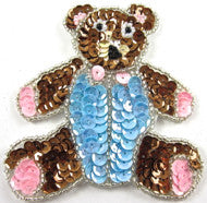 Teddy Bear Small with Pink/Blue/Bronze Sequins and Beads 3.5"