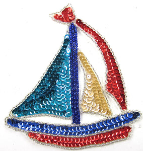 Sailboat with Turquoise Beige Red Sails Blue Beads 5" x 4.5"