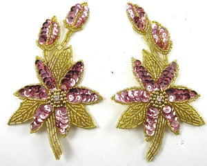 Flower Pair with Pink Sequins and Beads and Rhinestone 5.5" x 3"