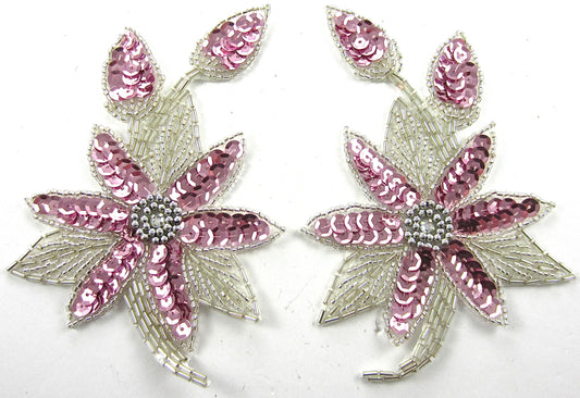Flower Pair with Pink Sequins and Silver Beads and Rhinestone Center 5.5" x 3.5"