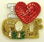 "I LOVE GOLF" Phrase and Green Hedges with Gold, Silver, Red and Cream Sequins - Red, Silver, Gold and Green Beads  3" x 2.5"