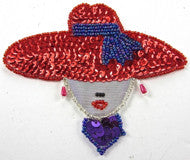 Lady Face Appliqué with Red Sequin Hat 4" x 4.5"