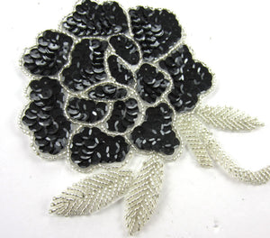 Flower Rose Black and Silver Sequins and Beads 6" x 5"