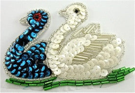 Swans Two with White and Turquoise Sequins 4" x 3"