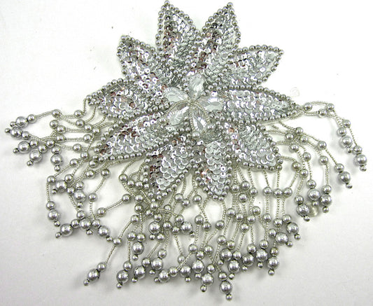 Flower Epaulet with Silver Sequins and Beads 7.5" x 5.5"