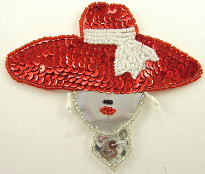 Lady with Red Hat Silver Tie White Beads 4" x 4.5"