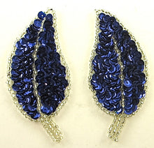 Load image into Gallery viewer, Leaf Pair with Royal Blue Sequins and Silver Beads 3.5&quot; x 2&quot;