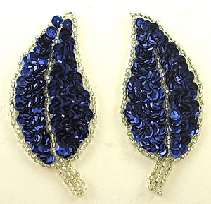 Leaf Pair with Royal Blue Sequins and Silver Beads 3.5" x 2"
