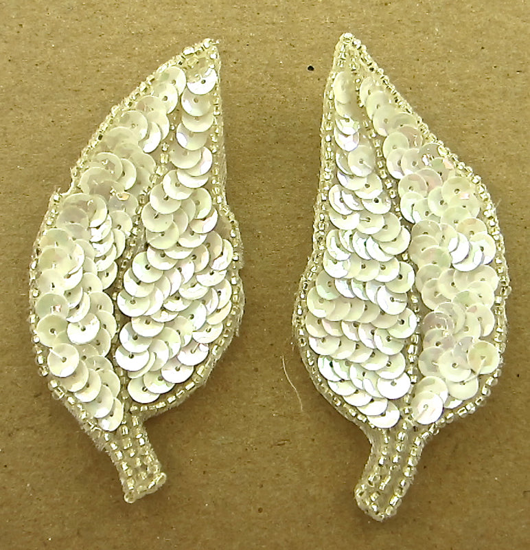 Leaf Pair with China White Sequins and Silver Beads 2" x 3.5"