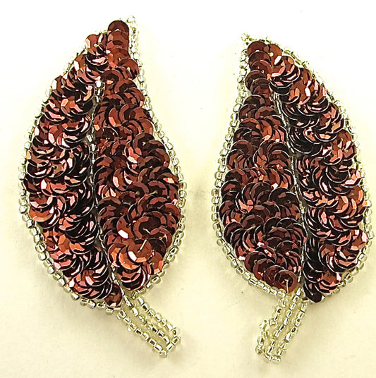 Leaf Pair with Bronze Sequins and Silver Beads 3.5" x 2"