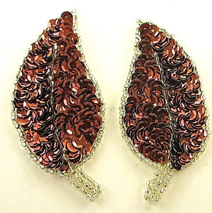 Leaf Pair with Bronze Sequins Silver Beads 3.5" x 2"