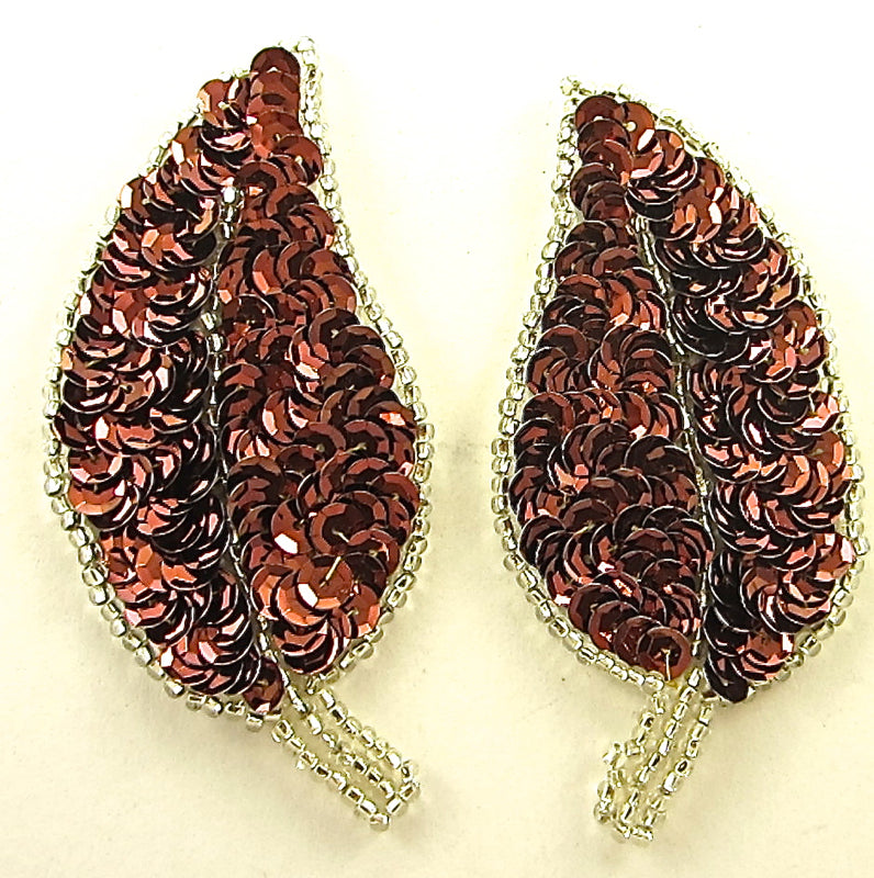 Leaf Pair with Bronze Sequins Silver Beads 3.5