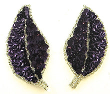 Load image into Gallery viewer, Leaf Pair* with Dark Purple Sequins Silver Beads 3.5&quot; x 2&quot;