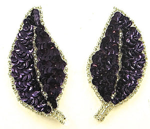 Leaf Pair* with Dark Purple Sequins Silver Beads 3.5" x 2"