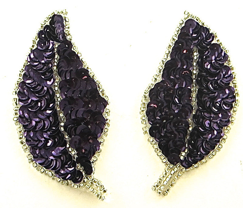 Leaf Pair* with Dark Purple Sequins Silver Beads 3.5
