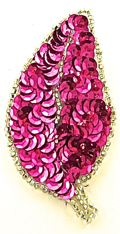 Leaf with Fuchsia Sequins Silver Beads 3.5" x 2"