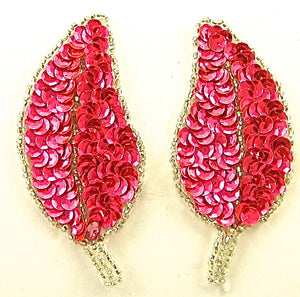 Leaf Pair with Flourescent Pink Sequins Silver Beads 3" x 2.5"