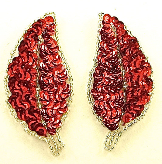 Leaf Pair with Red Sequins Silver Beads 3" x 2.5"