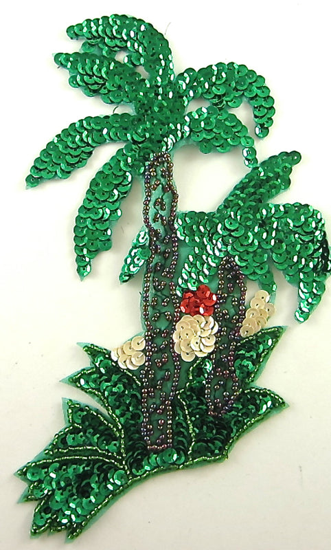 Palm Tree and Sunset with Green, Bronze, Red and Beige Sequins with Green and Bronze Beads 7" x 5.5"