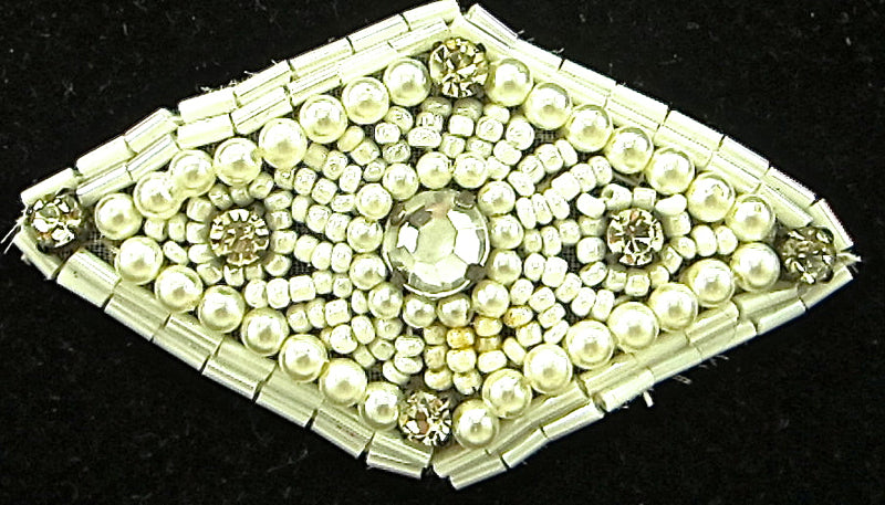 Designer Motif Diamond with Pearls and Rhinestones White Beads 3" x 2"