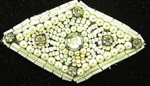 Load image into Gallery viewer, Designer Motif Triangle with Pearls and Rhinestones White Beads 3&quot; x 2&quot;