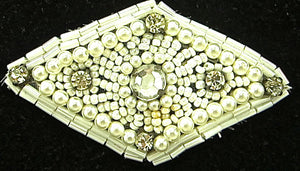 Designer Motif Triangle with Pearls and Rhinestones White Beads 3" x 2"