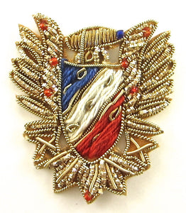 Gold Bullion Emblem Patch with Red/Gold/Blue and Beads 2" x 2.5"