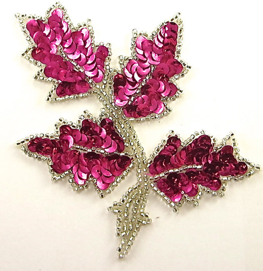 Leaf with Bright Fuchsia Sequins and Silver Beads 5" x 4"