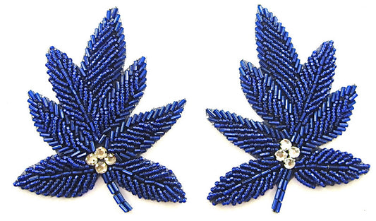 Leaf Pair with Royal Blue Beads and Rhinestones 3.5" x 3"