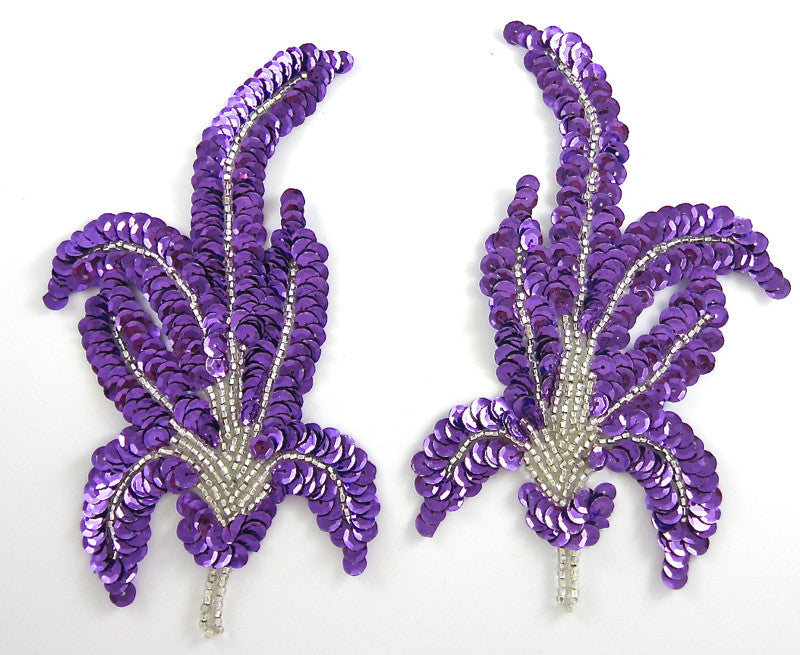 Leaf Pair with Purple Sequins and Silver Beads 6" x 3"