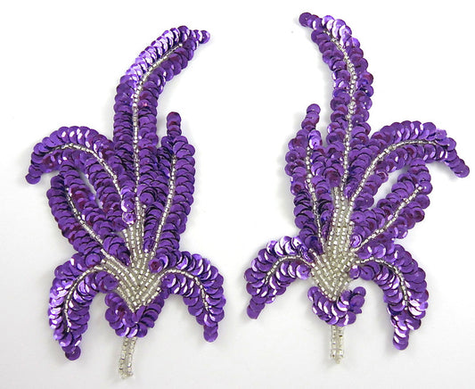 Choice of Flower and Leaf Motif Appliqué - Pair or Single Piece - Purple Sequins and Silver Beads 6" x 3"