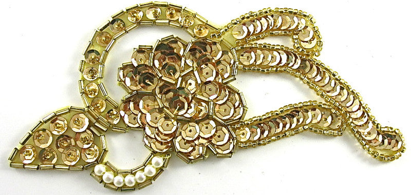 Designer Motif Flower with Gold Sequins and Beads and Pearls 2.5" x 5"