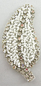 Leaf with High Quality Rhinestones and White Beads 4" x 1.25"