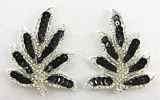Leaf Pair with Black Sequins and Silver Beads 2" x 1.5"