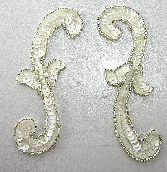 Designer Motif Pair with Iridescent White Sequins and Silver Beads 6" x 3"