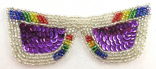 Rainbow Sunglasses Patch with Purple Sequins and Silver, Red, Blue, Purple, Yellow and Green Beads 1.5" x 4.5"