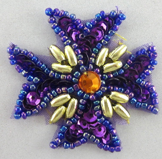 Designer Motif Medallion Purple Sequins Gold Stones and Beads 1.5" x 1.5"