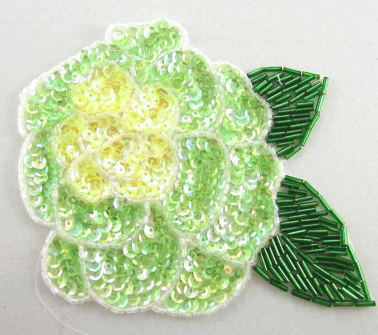 Flower with Lime Green and Yellow Sequins and Green Beaded Leaf 6