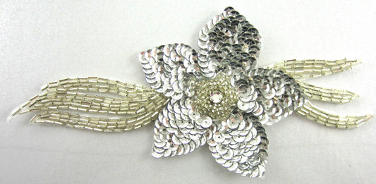 Flower with Silver Sequins and Long Leaf Silver Beaded 7" x 3"