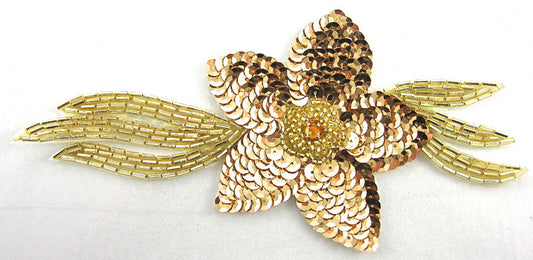 Flower with Gold Sequins Long Gold Beaded Leaf with Gold Rhinestone 7" x 3"