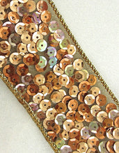 Load image into Gallery viewer, Trim with Multi-Colored Gold Tones Sequins on Stiff Net Backing Remnant 2&quot; x 80&quot;
