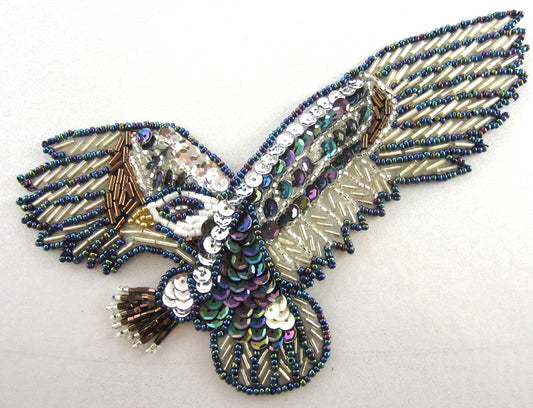 Eagle with Moonlight and Silver Sequins and Beads 3.5" x 6.5"