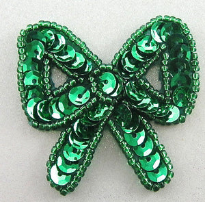 Christmas Bow with Green Sequins and Beads 1.5" x 1.5"