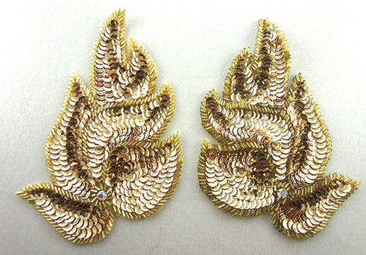 Leaf Pair with Gold Sequins and Beads and AB Rhinestone 6" x 3.5"