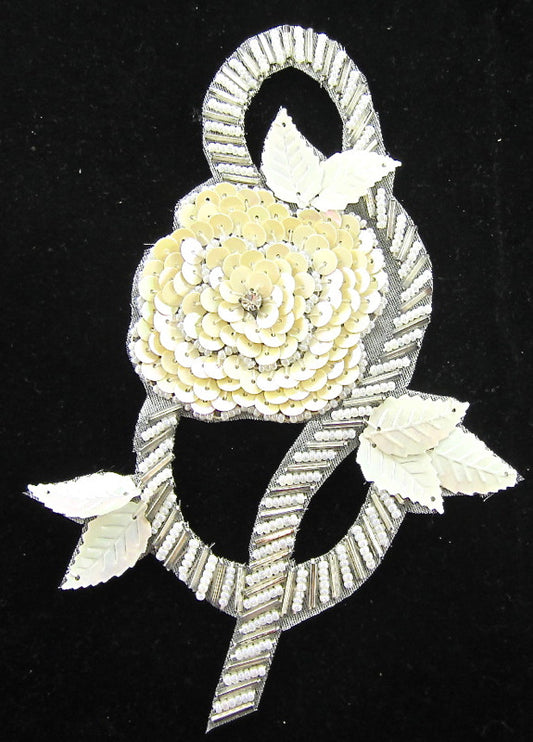 Flower with Cream Sequins and White Beads and Rhinestone 6" x 4.5"