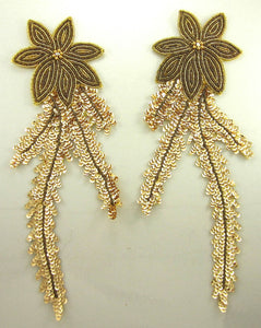 Flower Pair with Bronze Gold Sequins and Beads Hand sewn AB Rhinestone 12.5" x 4.5