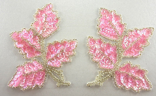 Flower Pair with Pink Iridescent Sequins Silver Beads 4" x 3"