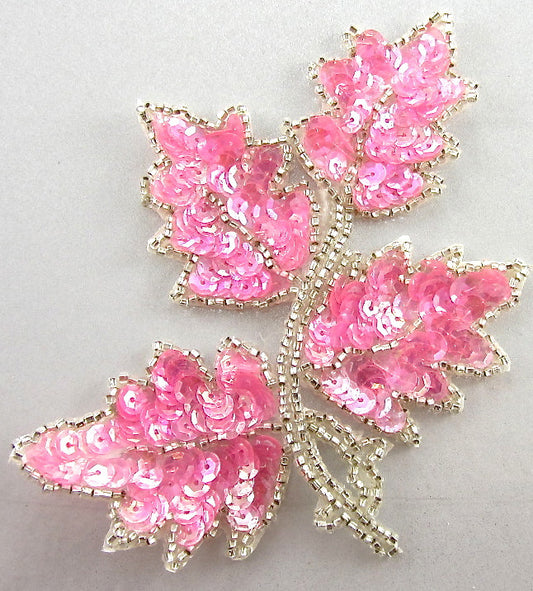 Leaf Single with Brilliant Pink Iridescent Sequins Silver Beads 4" x 3"