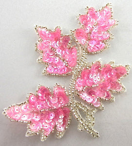Leaf Single with Brilliant Pink Iridescent Sequins Silver Beads 4" x 3"